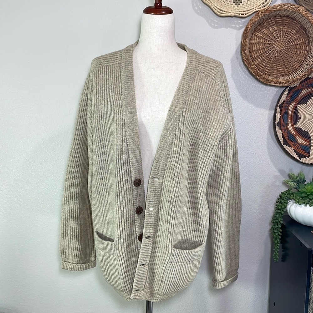 Vintage Wool Grandad Granny Grandpa Cardigan Tan/Camel Button Up V-Neck Pockets